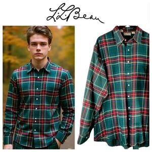 Vtg 70s 80s LL Bean Shirt Button Down Mens XXL Tall Plaid Flannel Green Red